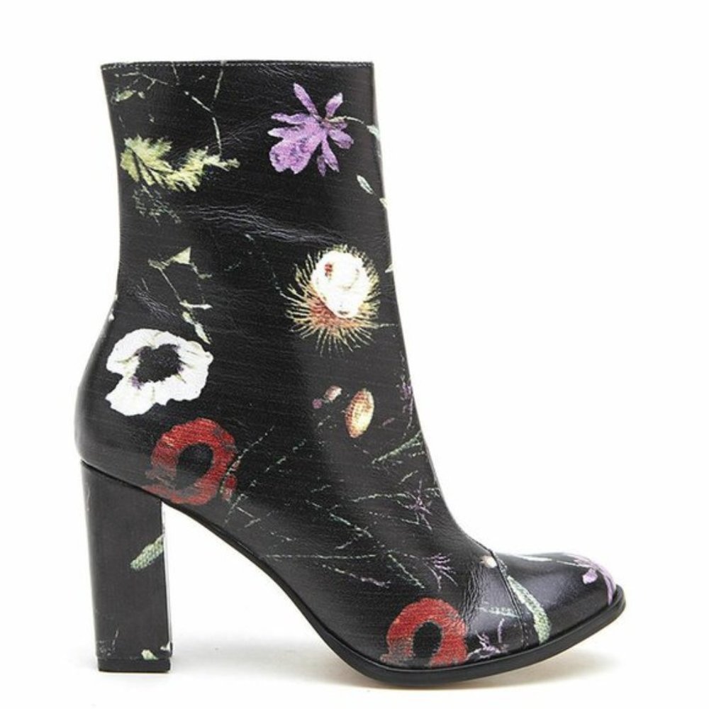 Vintage Matisse Graffiti Black Floral Zip Ankle Boot 8.5